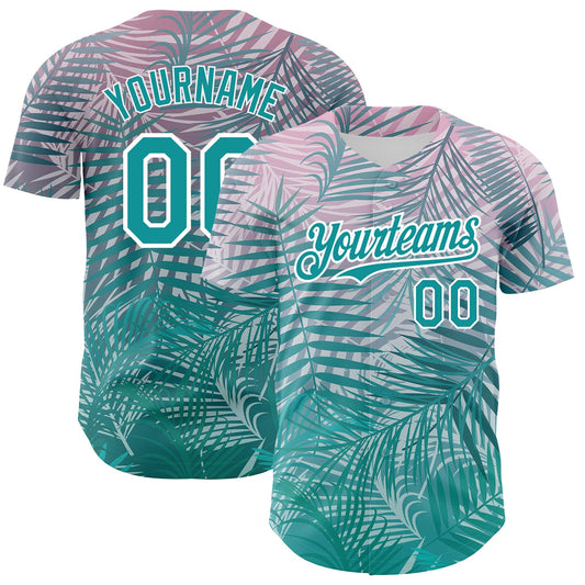 Custom Teal White 3D Pattern Design Tropical Hawaii Palm Leaves Authentic Baseball Jersey - Main View