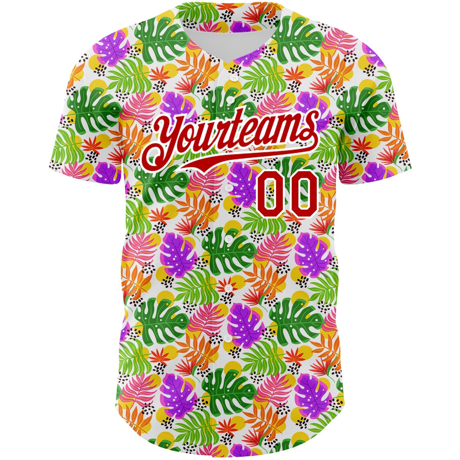 Custom White Red 3D Pattern Design Tropical Hawaii Palm Leaves Authentic Baseball Jersey view 2