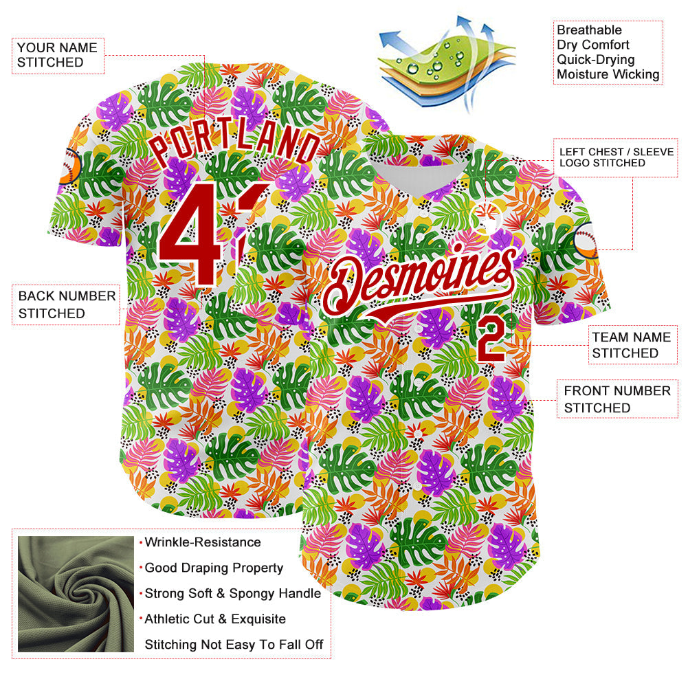 Custom White Red 3D Pattern Design Tropical Hawaii Palm Leaves Authentic Baseball Jersey view 3