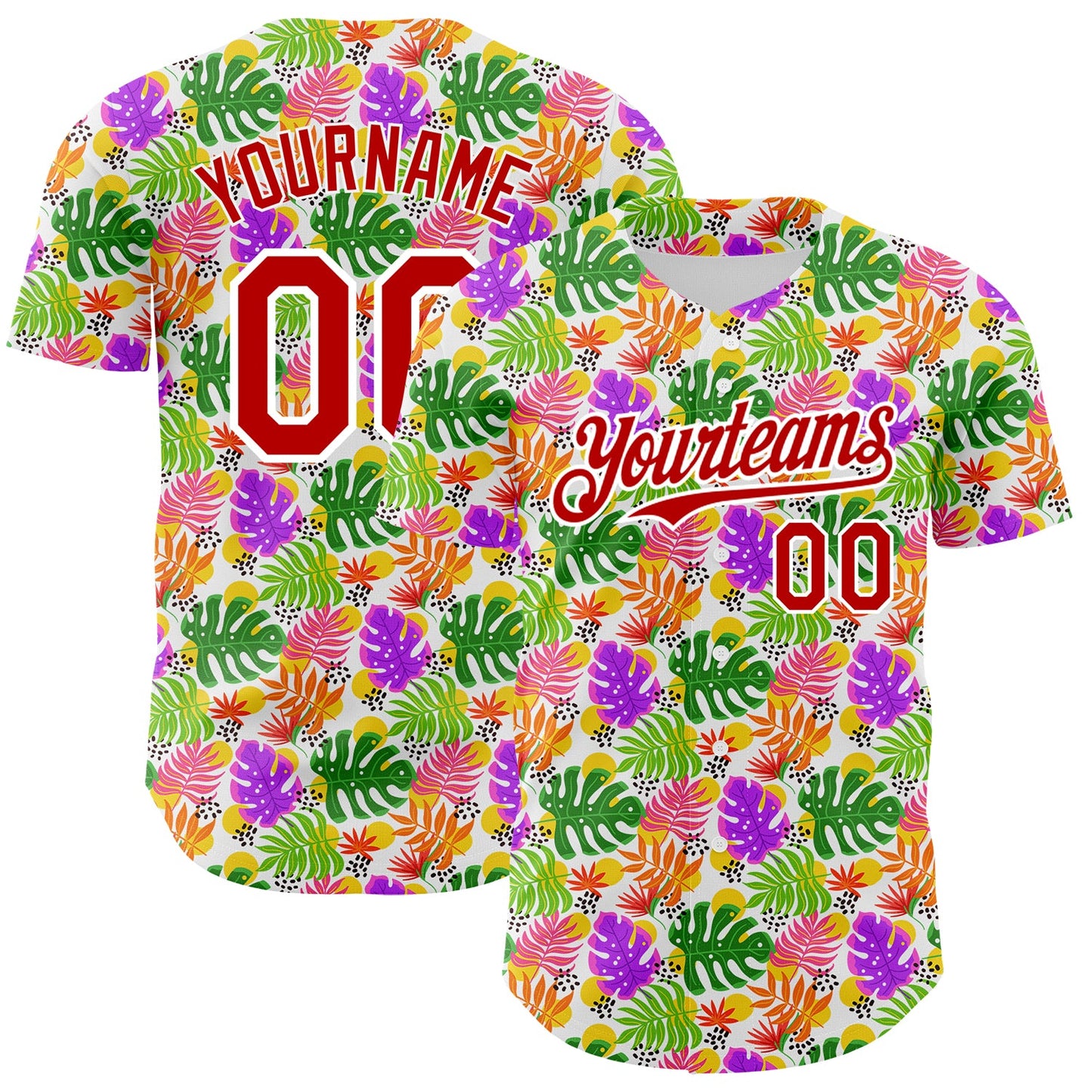 Custom White Red 3D Pattern Design Tropical Hawaii Palm Leaves Authentic Baseball Jersey - Main View
