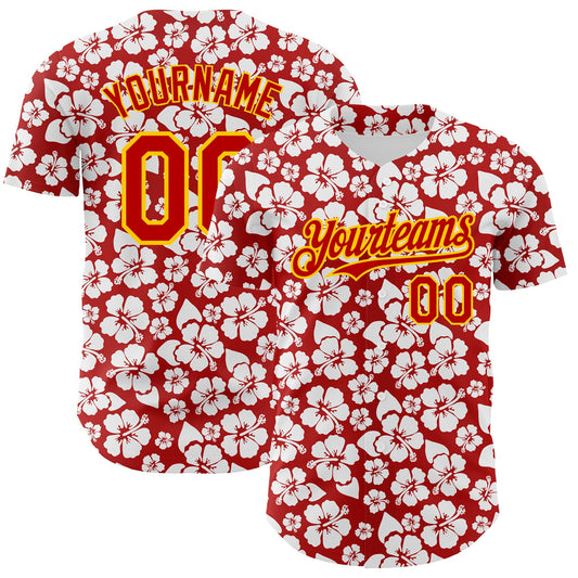Custom Red Yellow 3D Pattern Design Tropical Hawaii Flower Authentic Baseball Jersey - Main View