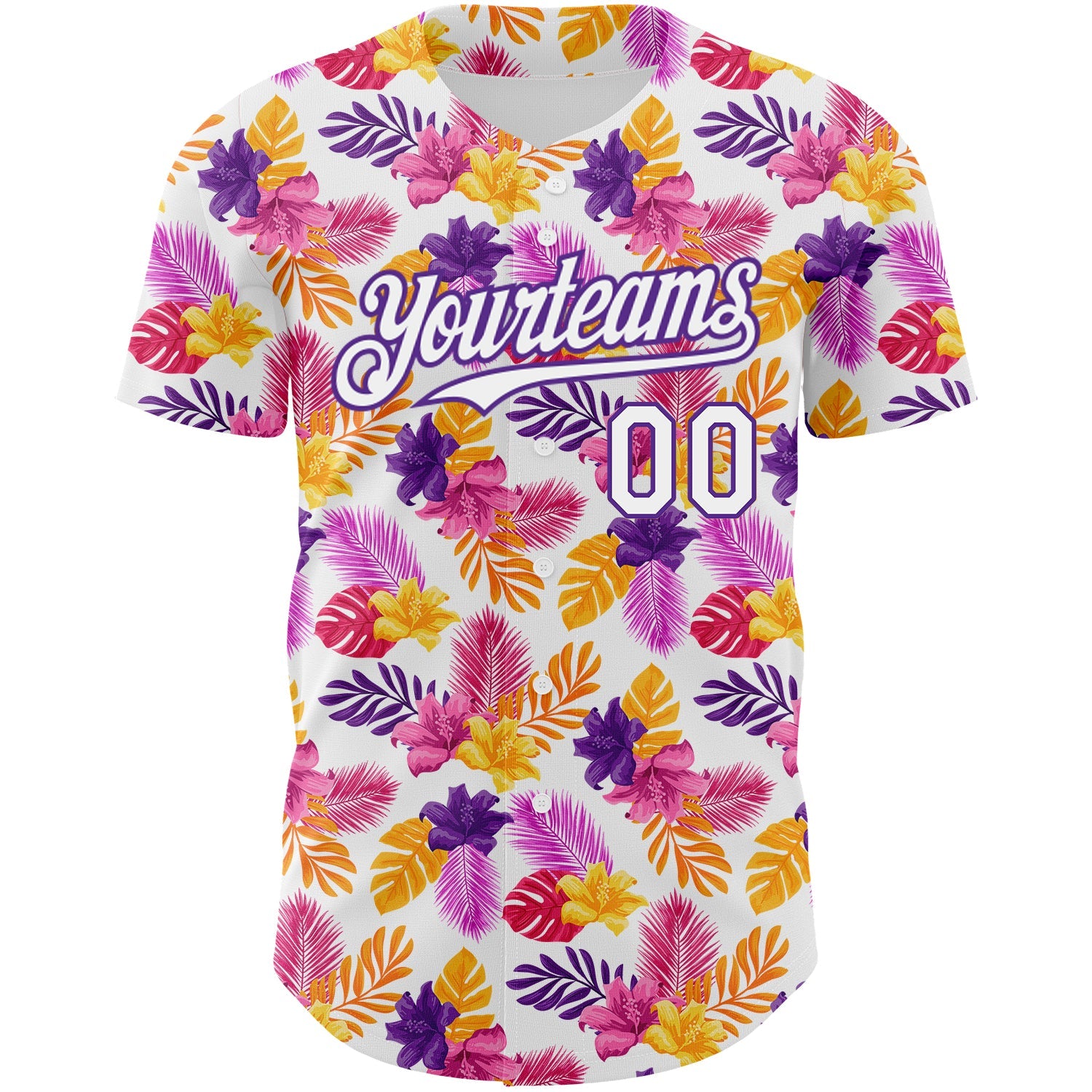 Custom White Purple 3D Pattern Design Tropical Flower And Hawaii Palm Leaves Authentic Baseball Jersey view 2