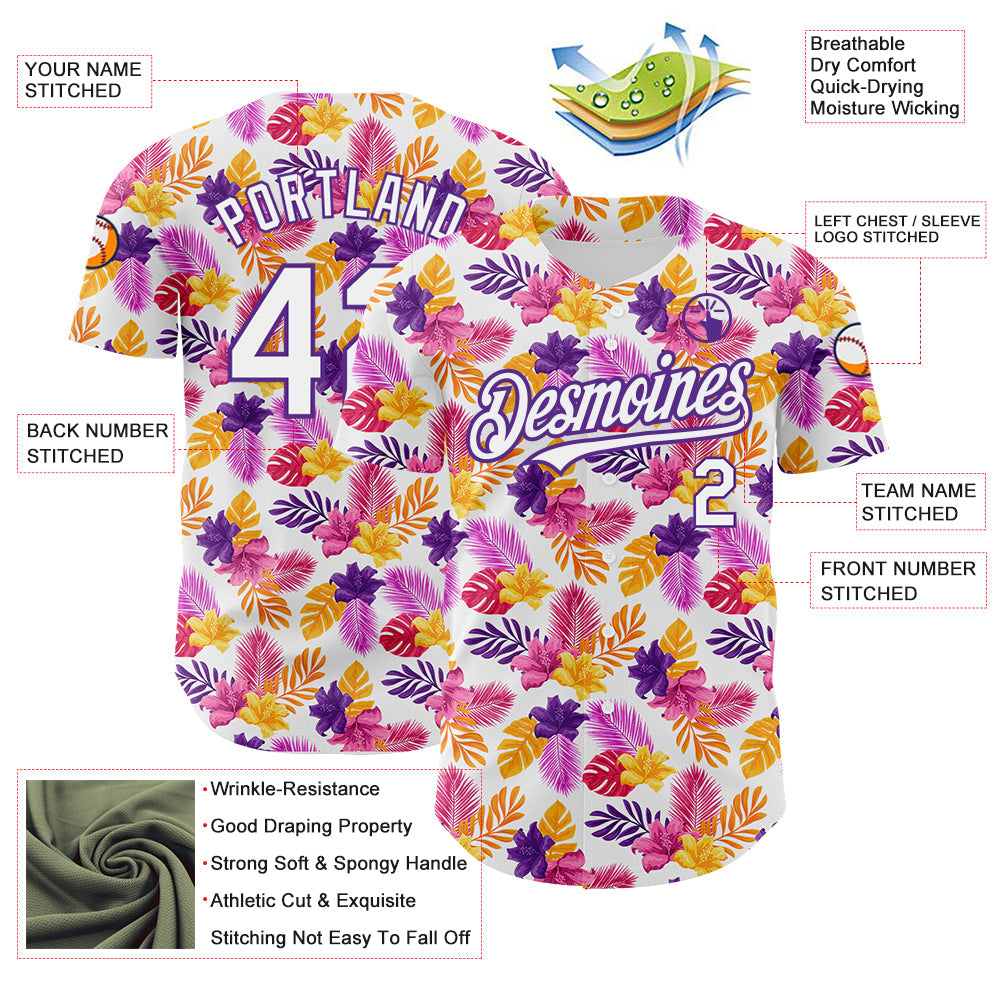 Custom White Purple 3D Pattern Design Tropical Flower And Hawaii Palm Leaves Authentic Baseball Jersey view 3