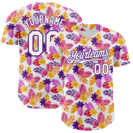 Custom White Purple 3D Pattern Design Tropical Flower And Hawaii Palm Leaves Authentic Baseball Jersey - Main View