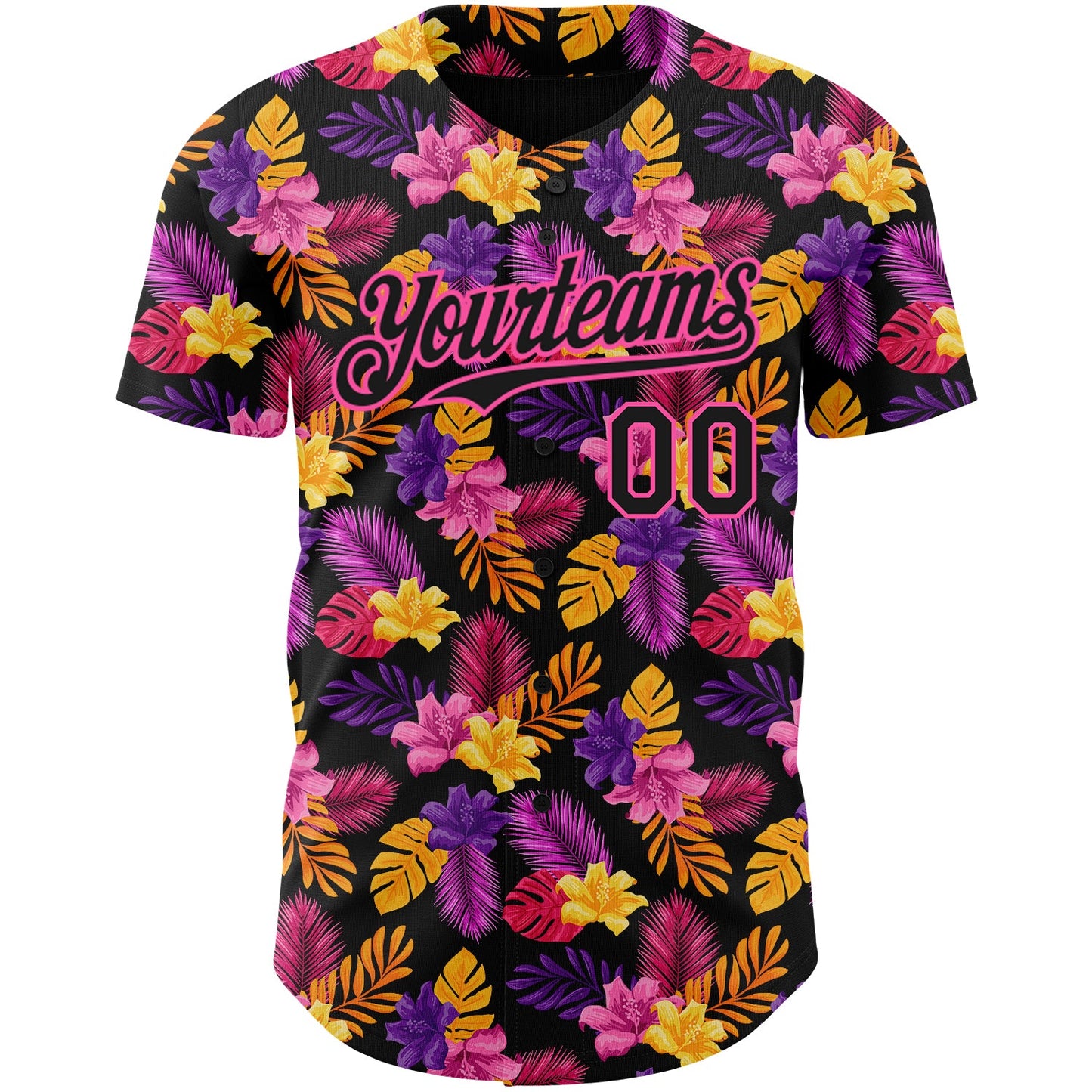 Custom Black Pink 3D Pattern Design Tropical Flower And Hawaii Palm Leaves Authentic Baseball Jersey view 2