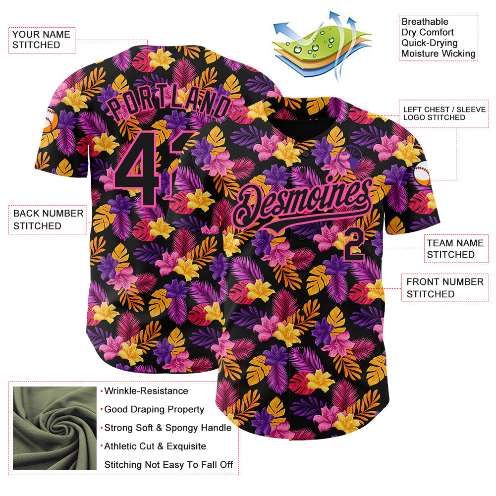 Custom Black Pink 3D Pattern Design Tropical Flower And Hawaii Palm Leaves Authentic Baseball Jersey view 3