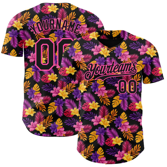 Custom Black Pink 3D Pattern Design Tropical Flower And Hawaii Palm Leaves Authentic Baseball Jersey - Main View