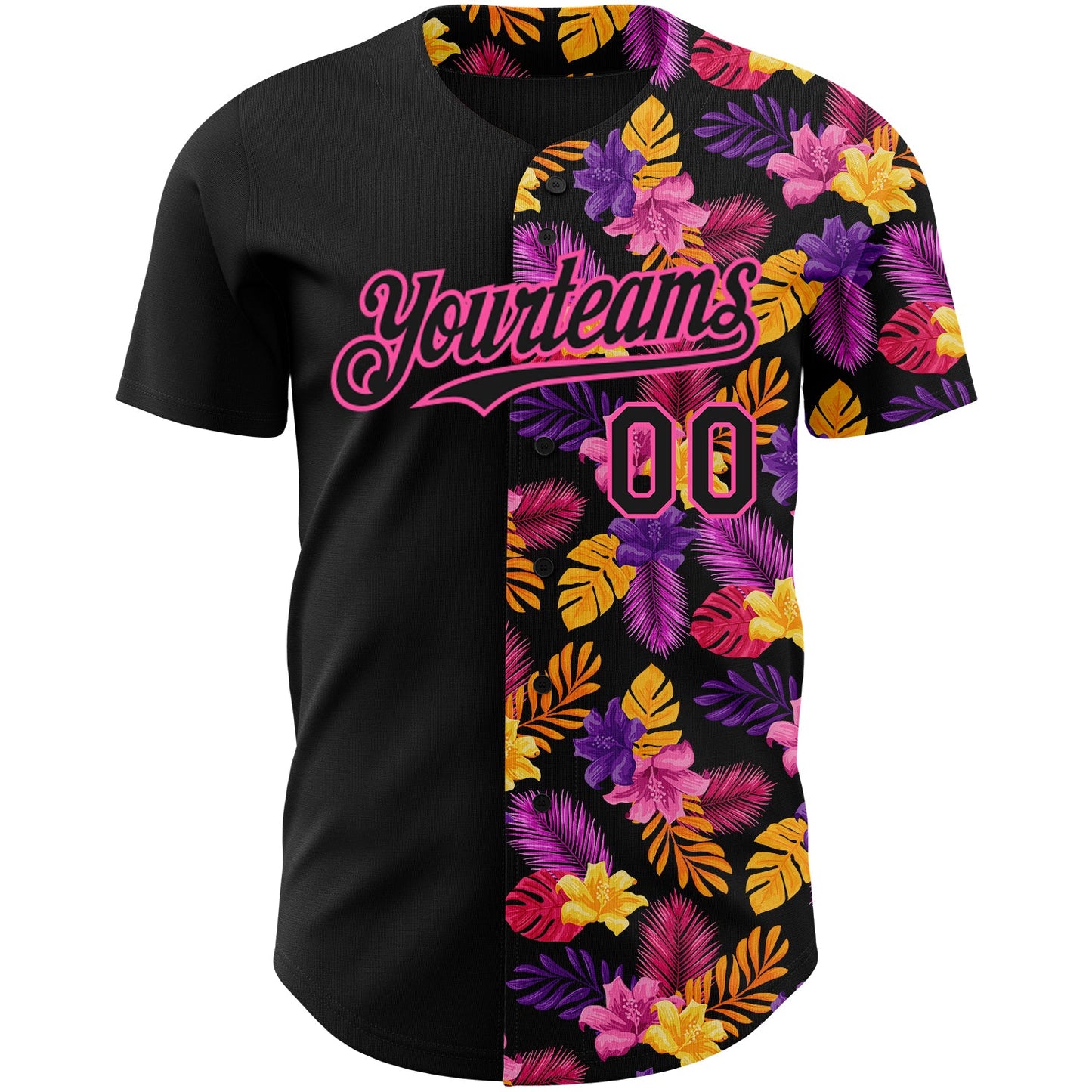 Custom Black Pink 3D Pattern Design Tropical Flower And Hawaii Palm Leaves Authentic Baseball Jersey view 2