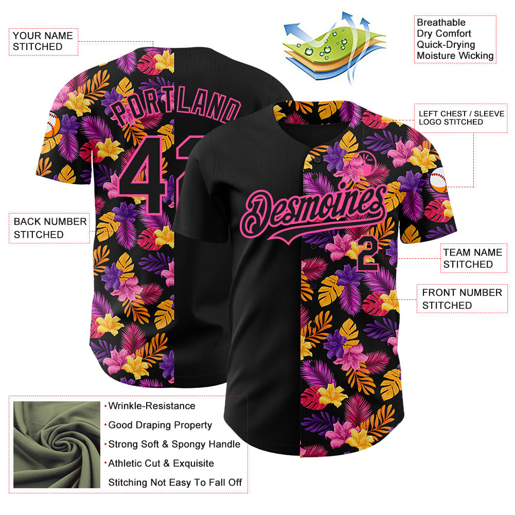 Custom Black Pink 3D Pattern Design Tropical Flower And Hawaii Palm Leaves Authentic Baseball Jersey view 3