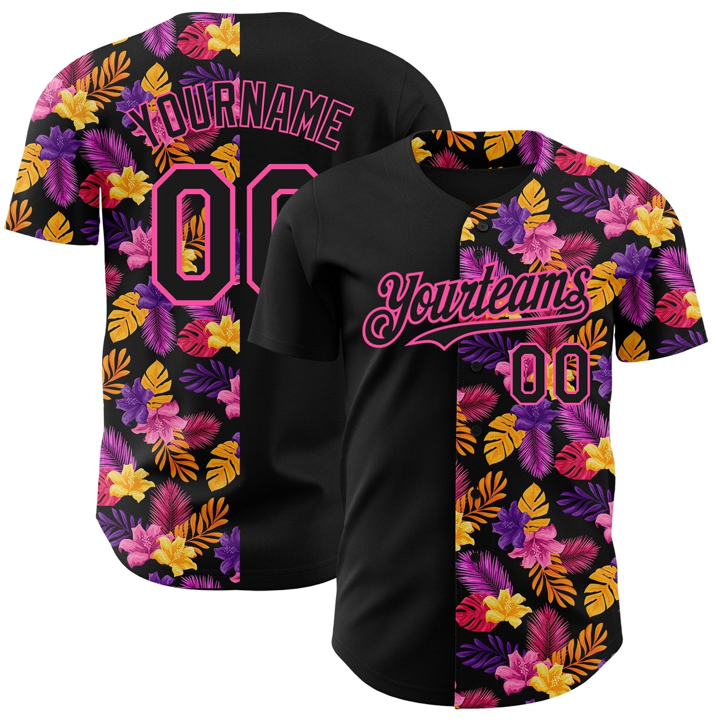 Custom Black Pink 3D Pattern Design Tropical Flower And Hawaii Palm Leaves Authentic Baseball Jersey - Main View
