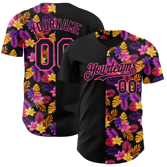 Custom Black Pink 3D Pattern Design Tropical Flower And Hawaii Palm Leaves Authentic Baseball Jersey - Main View