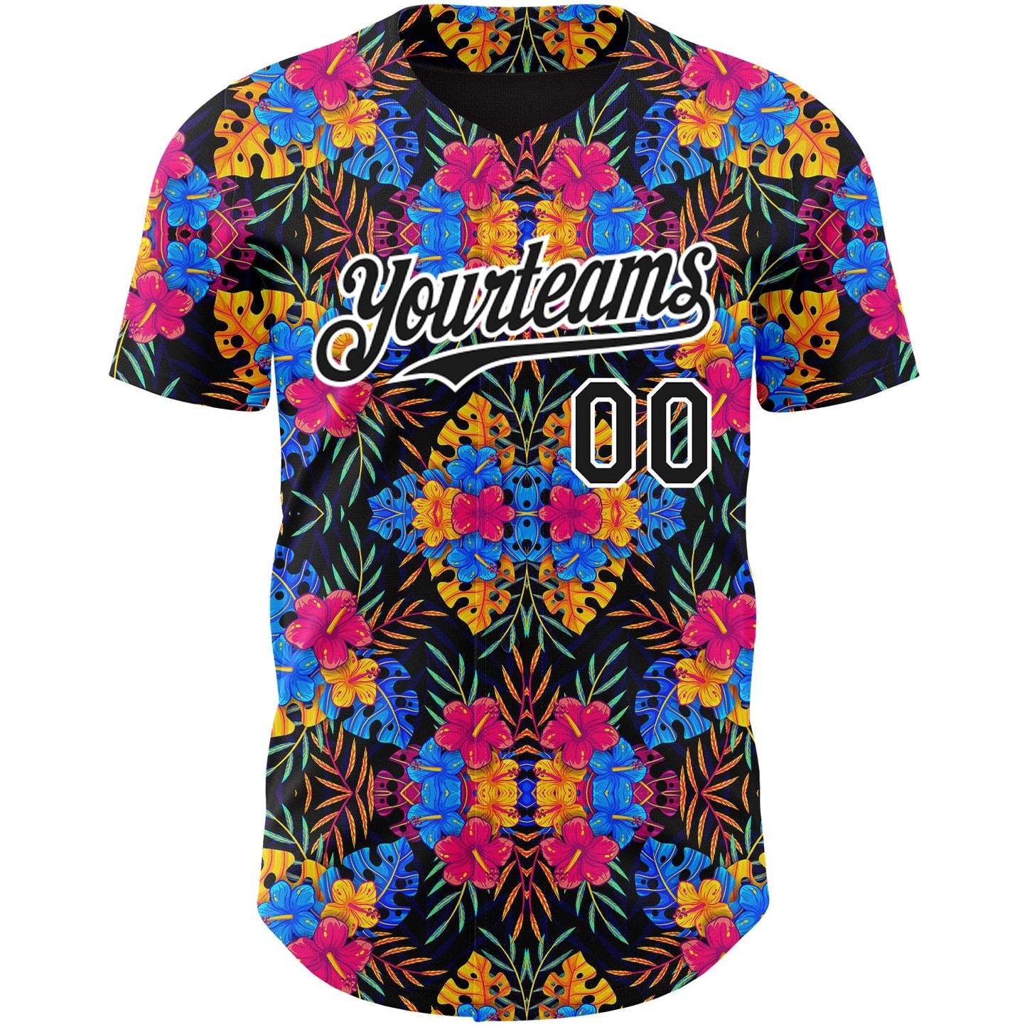 Custom Black White 3D Pattern Design Tropical Flower And Hawaii Palm Leaves Authentic Baseball Jersey view 2