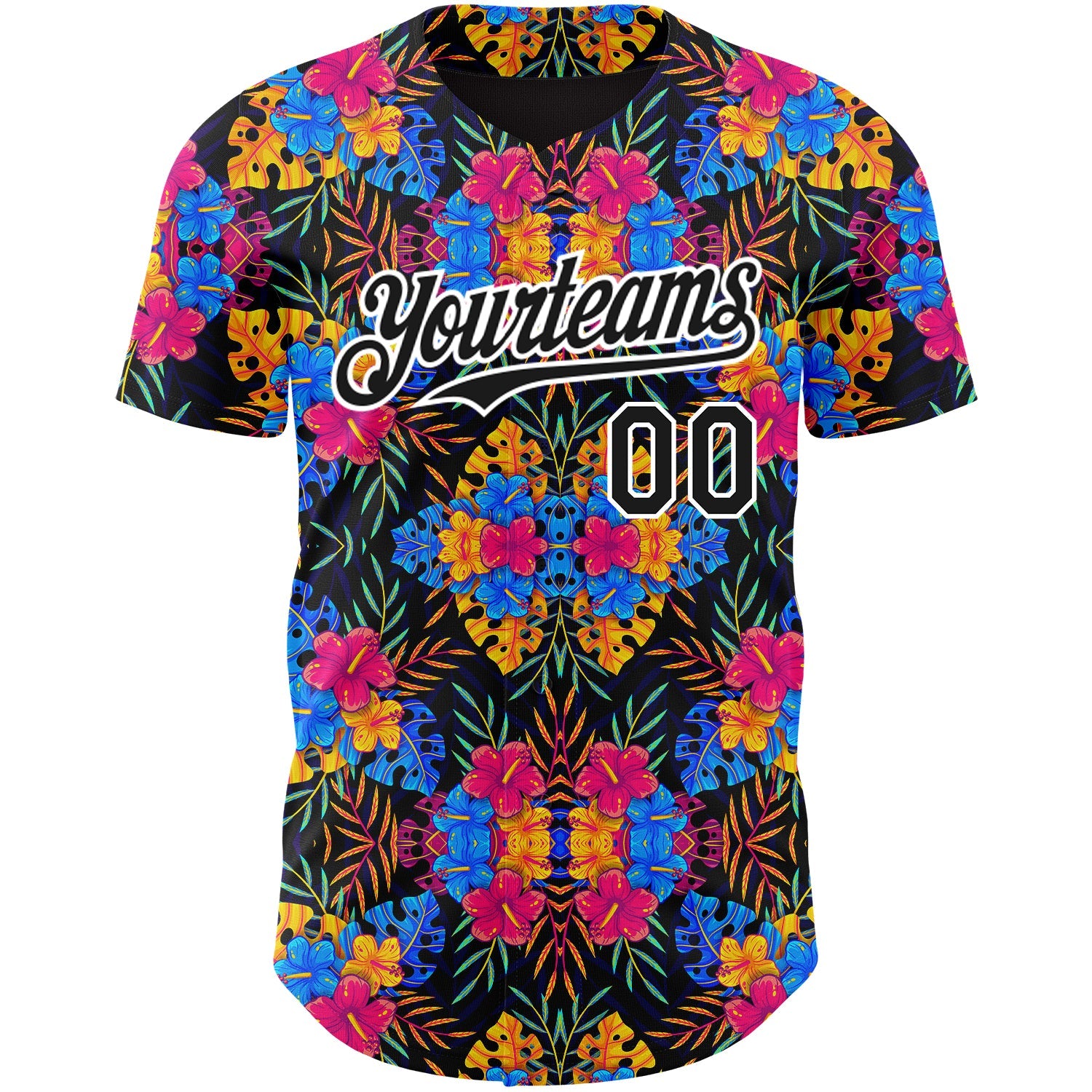 Custom Black White 3D Pattern Design Tropical Flower And Hawaii Palm Leaves Authentic Baseball Jersey view 2