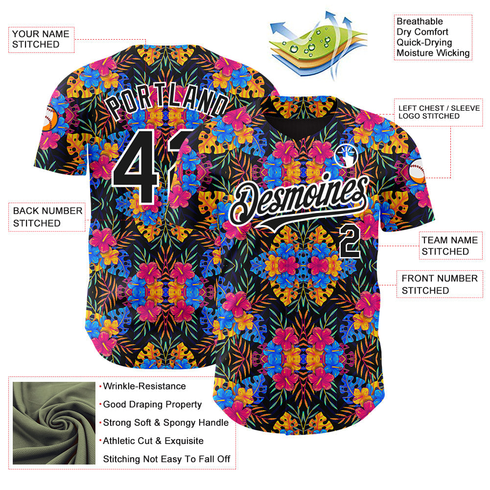 Custom Black White 3D Pattern Design Tropical Flower And Hawaii Palm Leaves Authentic Baseball Jersey view 3