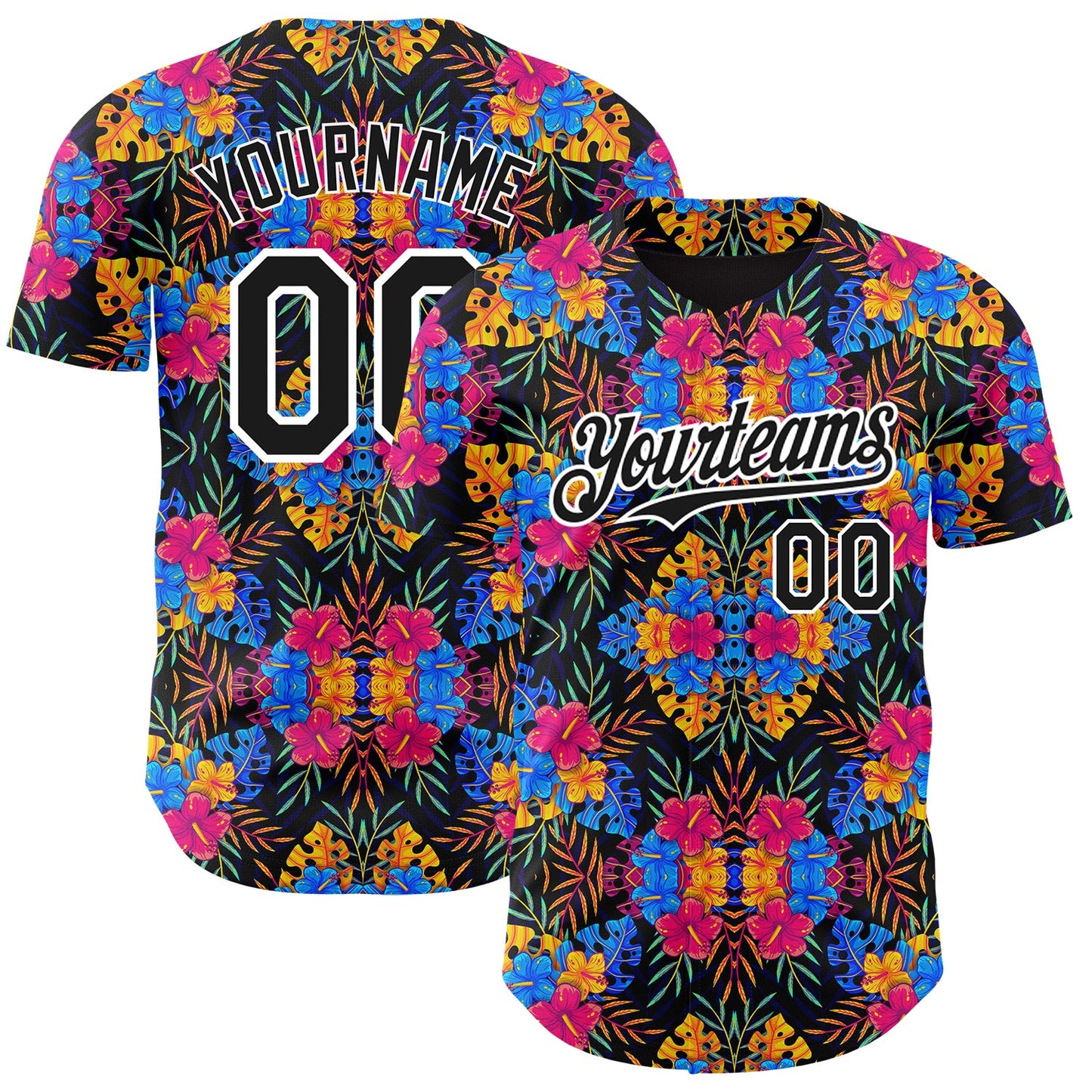 Custom Black White 3D Pattern Design Tropical Flower And Hawaii Palm Leaves Authentic Baseball Jersey - Main View