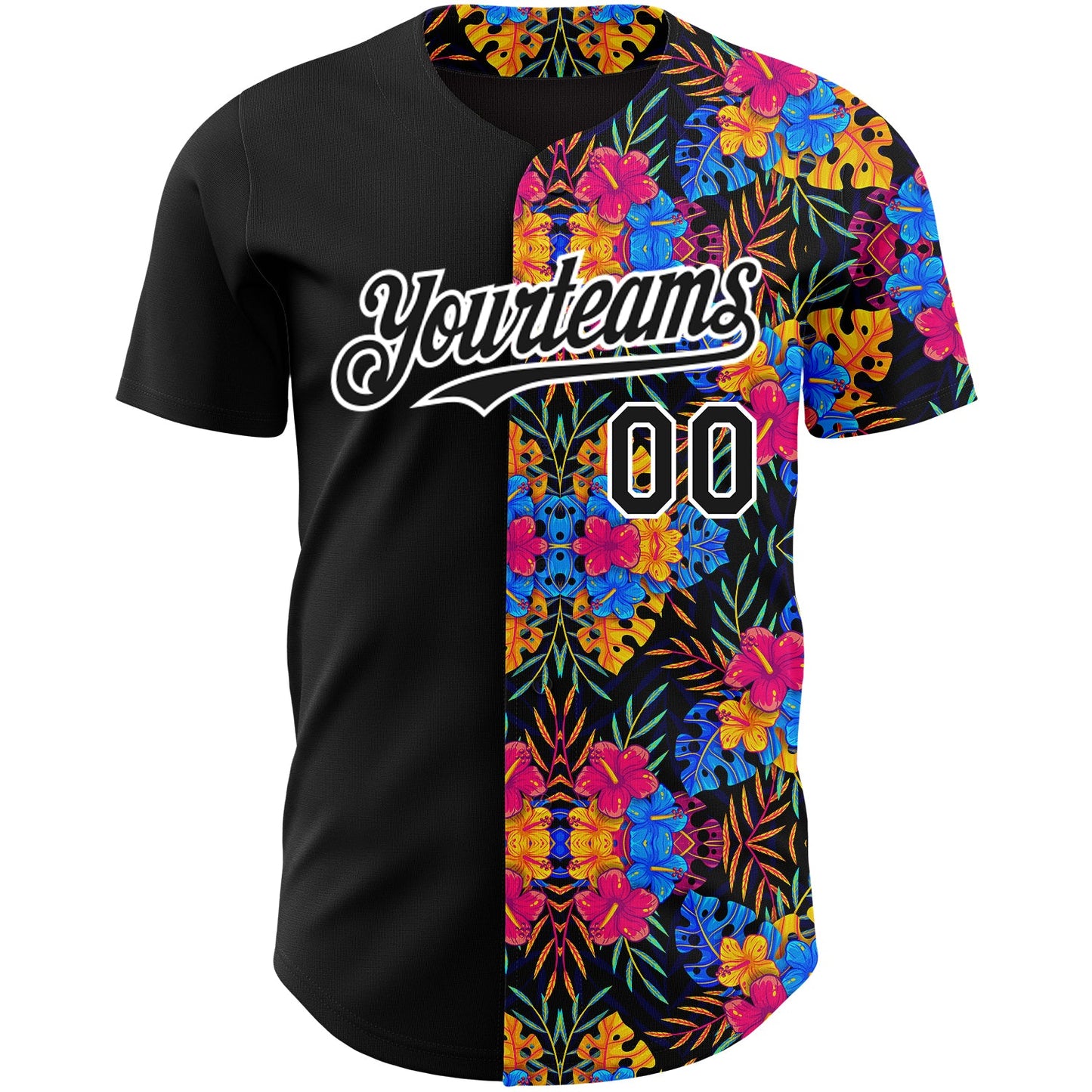 Custom Black White 3D Pattern Design Tropical Flower And Hawaii Palm Leaves Authentic Baseball Jersey view 2