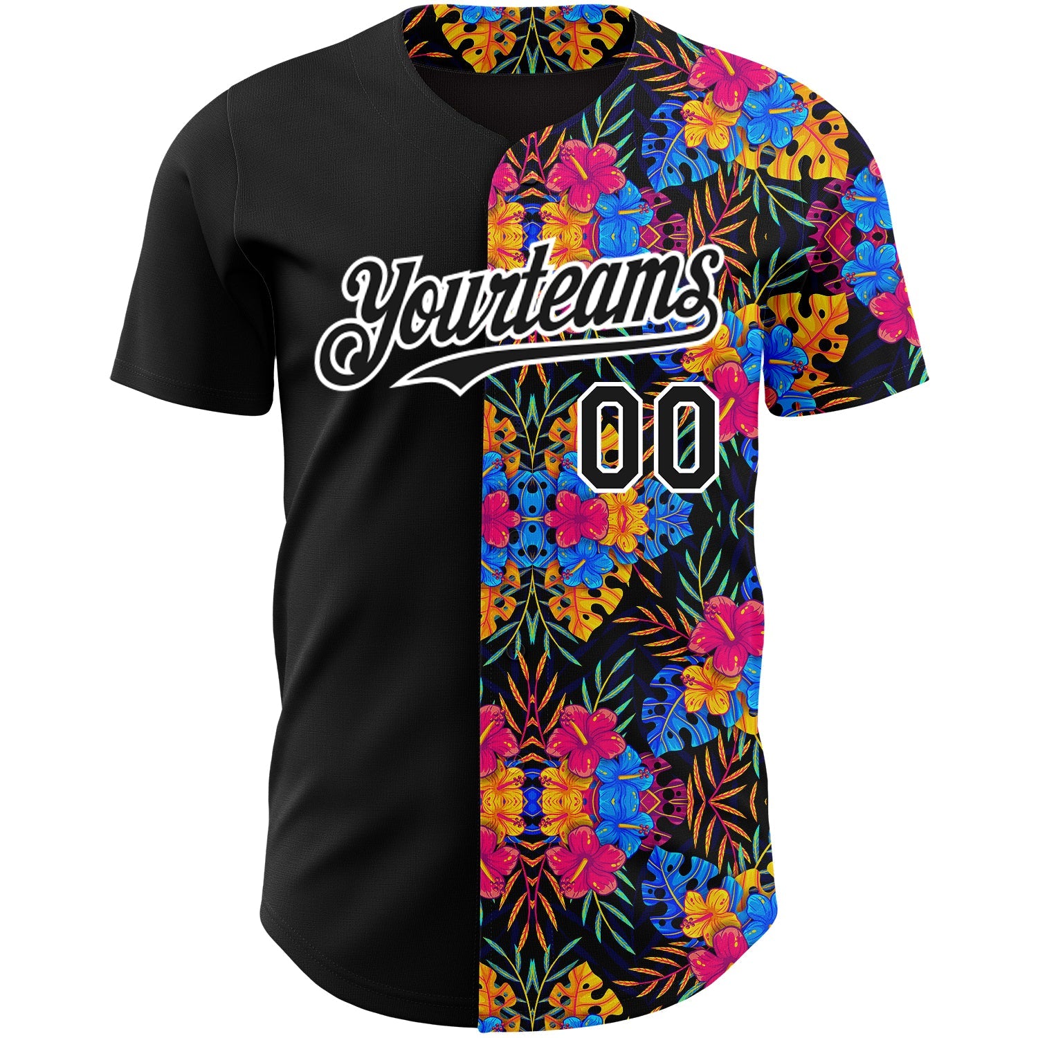 Custom Black White 3D Pattern Design Tropical Flower And Hawaii Palm Leaves Authentic Baseball Jersey view 2