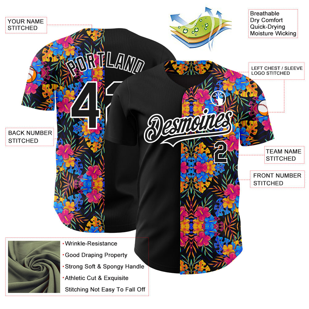 Custom Black White 3D Pattern Design Tropical Flower And Hawaii Palm Leaves Authentic Baseball Jersey view 3