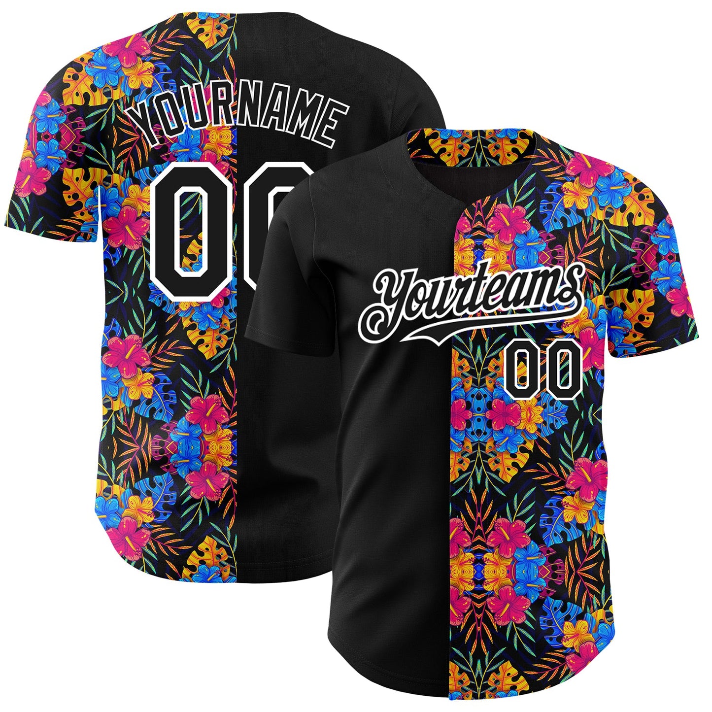 Custom Black White 3D Pattern Design Tropical Flower And Hawaii Palm Leaves Authentic Baseball Jersey - Main View