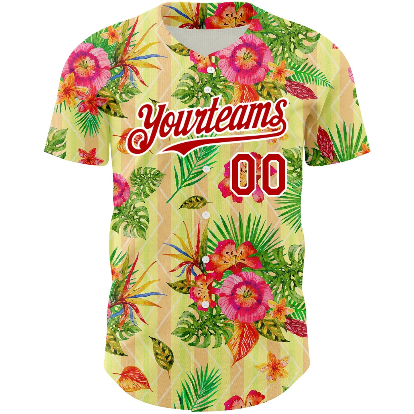 Custom Neon Yellow Red-White 3D Pattern Design Tropical Flower And Hawaii Palm Leaves Authentic Baseball Jersey view 2
