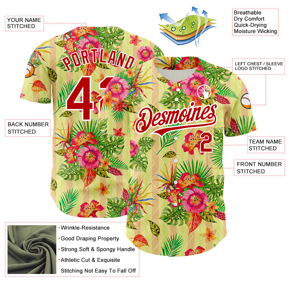 Custom Neon Yellow Red-White 3D Pattern Design Tropical Flower And Hawaii Palm Leaves Authentic Baseball Jersey view 3