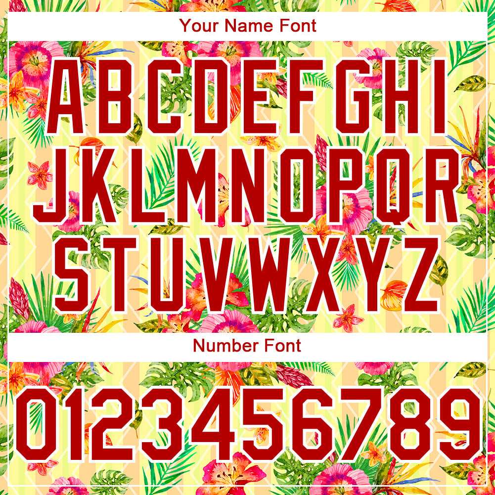 Custom Neon Yellow Red-White 3D Pattern Design Tropical Flower And Hawaii Palm Leaves Authentic Baseball Jersey view 5
