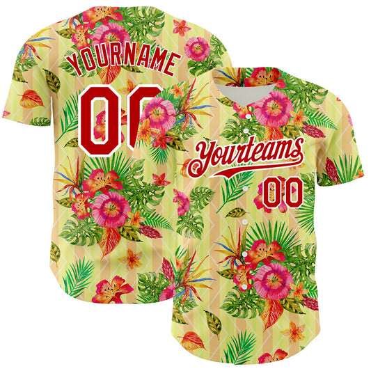 Custom Neon Yellow Red-White 3D Pattern Design Tropical Flower And Hawaii Palm Leaves Authentic Baseball Jersey - Main View