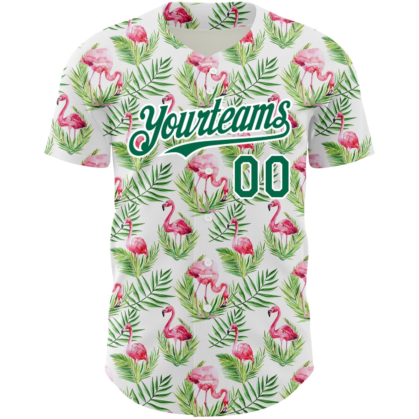 Custom White Kelly Green 3D Pattern Design Tropical Hawaii Palm Leaves And Flamingo Authentic Baseball Jersey view 2
