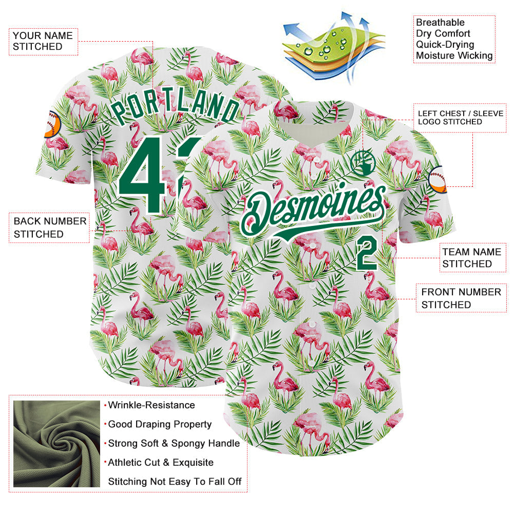 Custom White Kelly Green 3D Pattern Design Tropical Hawaii Palm Leaves And Flamingo Authentic Baseball Jersey view 3