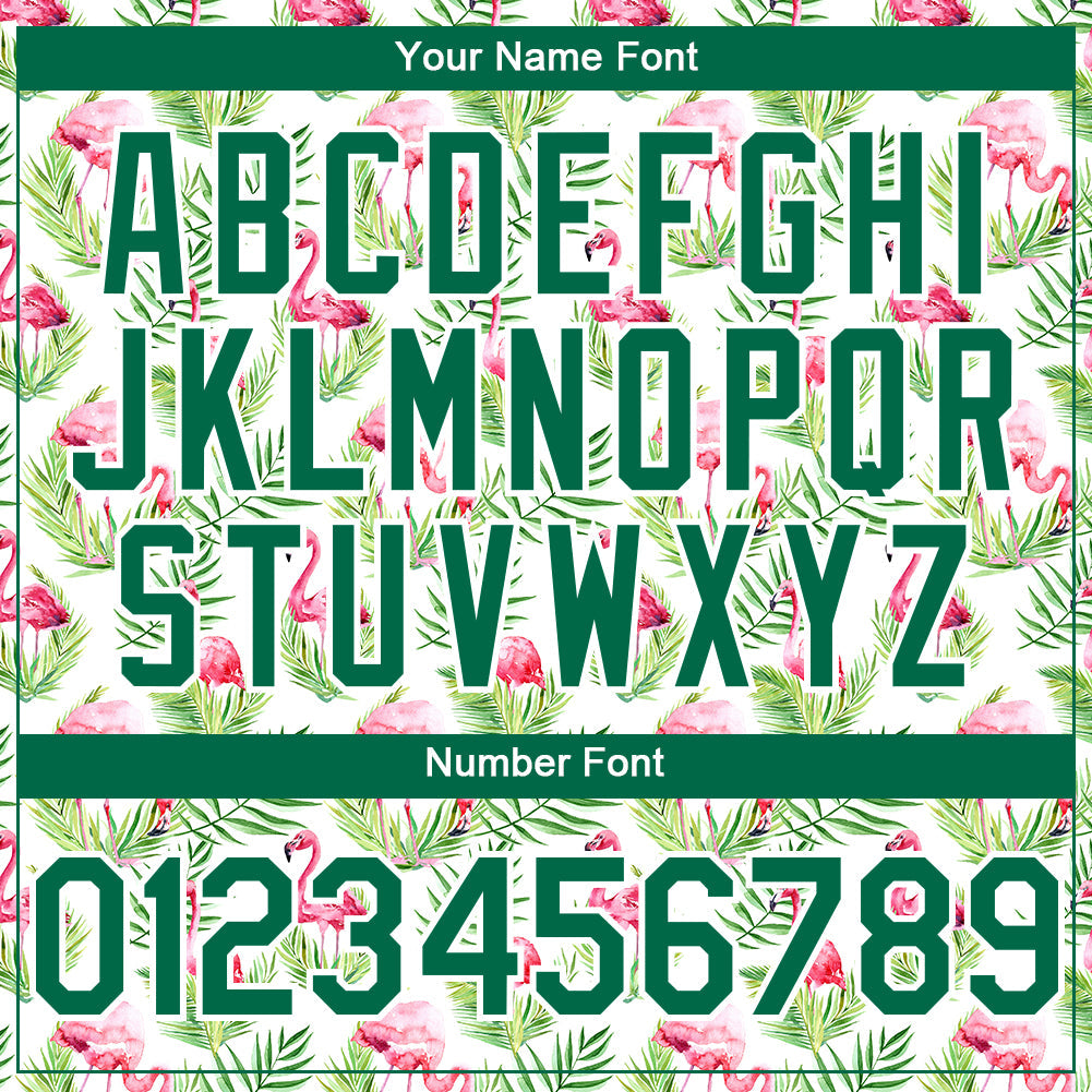 Custom White Kelly Green 3D Pattern Design Tropical Hawaii Palm Leaves And Flamingo Authentic Baseball Jersey view 5