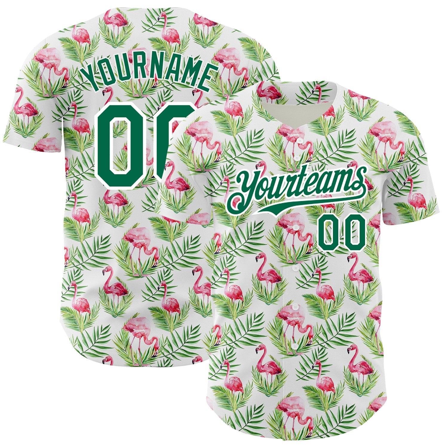 Custom White Kelly Green 3D Pattern Design Tropical Hawaii Palm Leaves And Flamingo Authentic Baseball Jersey - Main View