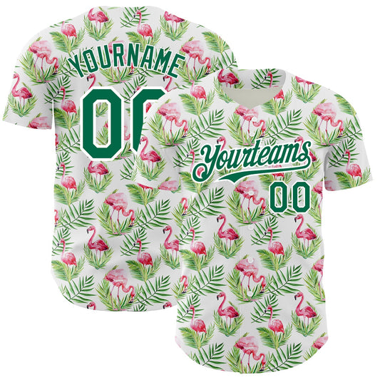 Custom White Kelly Green 3D Pattern Design Tropical Hawaii Palm Leaves And Flamingo Authentic Baseball Jersey - Main View