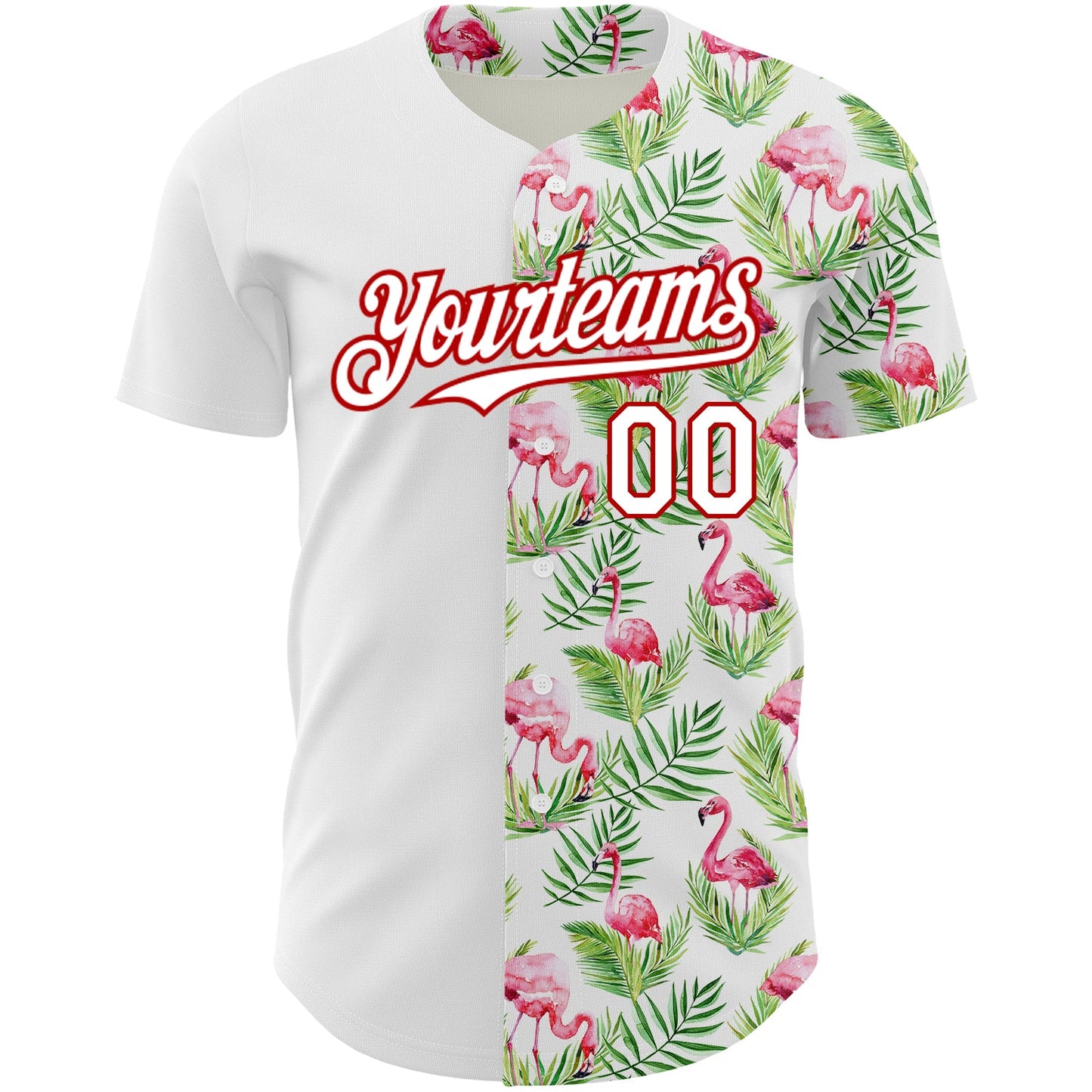 Custom White Red 3D Pattern Design Tropical Hawaii Palm Leaves And Flamingo Authentic Baseball Jersey view 2