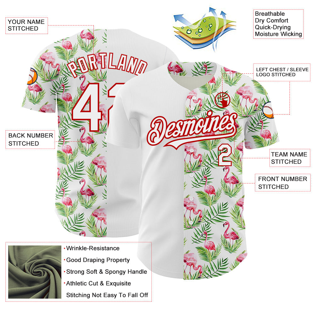 Custom White Red 3D Pattern Design Tropical Hawaii Palm Leaves And Flamingo Authentic Baseball Jersey view 3