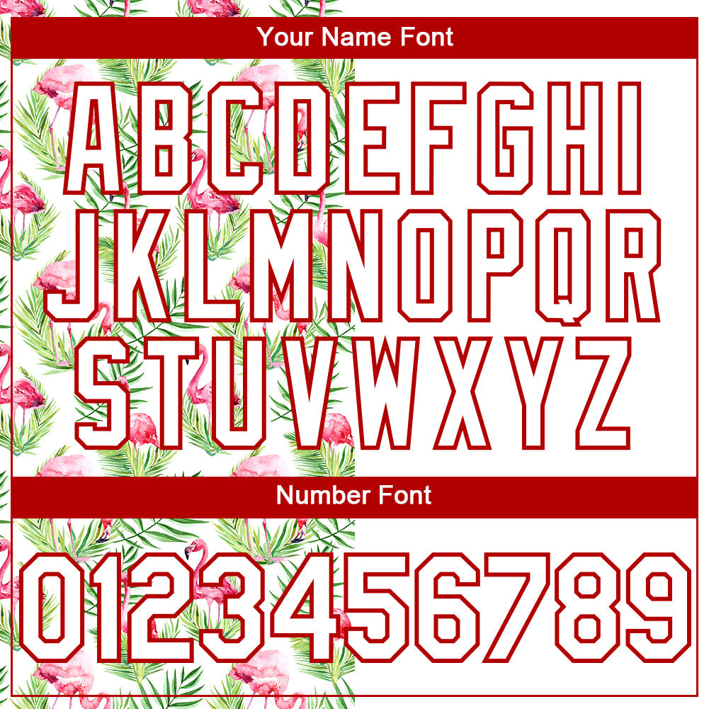 Custom White Red 3D Pattern Design Tropical Hawaii Palm Leaves And Flamingo Authentic Baseball Jersey view 5