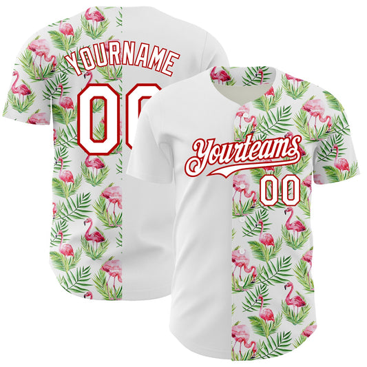Custom White Red 3D Pattern Design Tropical Hawaii Palm Leaves And Flamingo Authentic Baseball Jersey - Main View