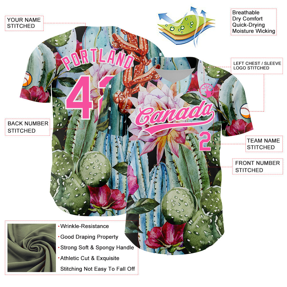 Custom Green Pink-White 3D Pattern Design Cactus Festival Authentic Baseball Jersey view 3