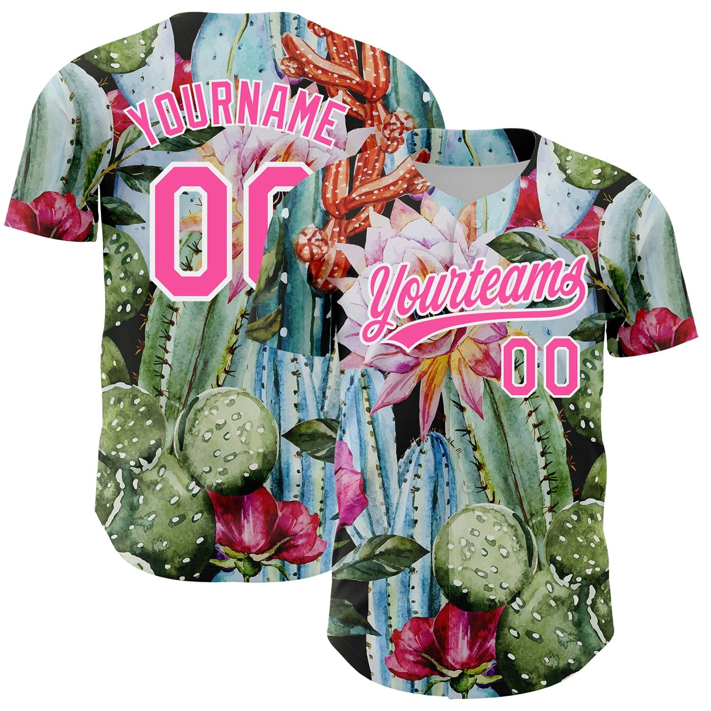 Custom Green Pink-White 3D Pattern Design Cactus Festival Authentic Baseball Jersey - Main View