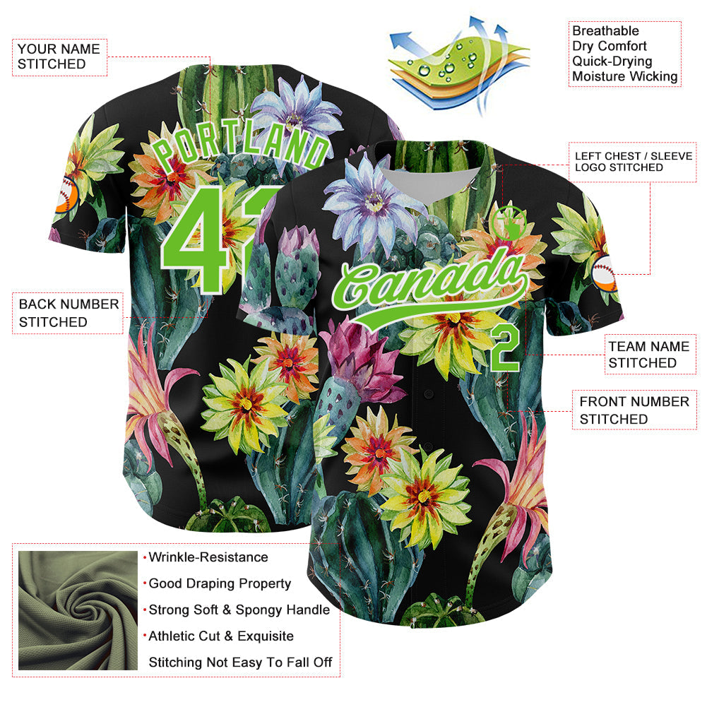 Custom Black Aurora Green-White 3D Pattern Design Cactus Festival Authentic Baseball Jersey view 3
