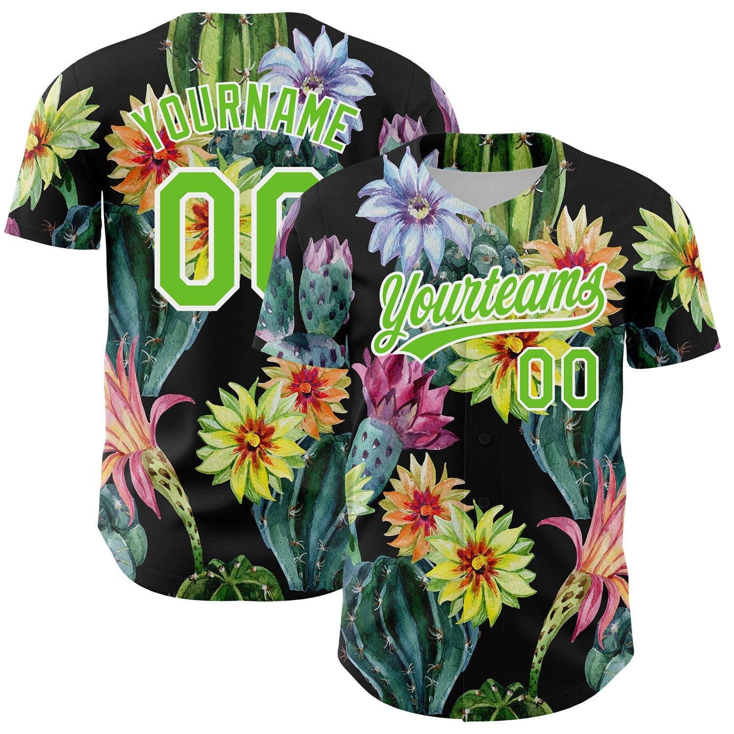 Custom Black Aurora Green-White 3D Pattern Design Cactus Festival Authentic Baseball Jersey - Main View