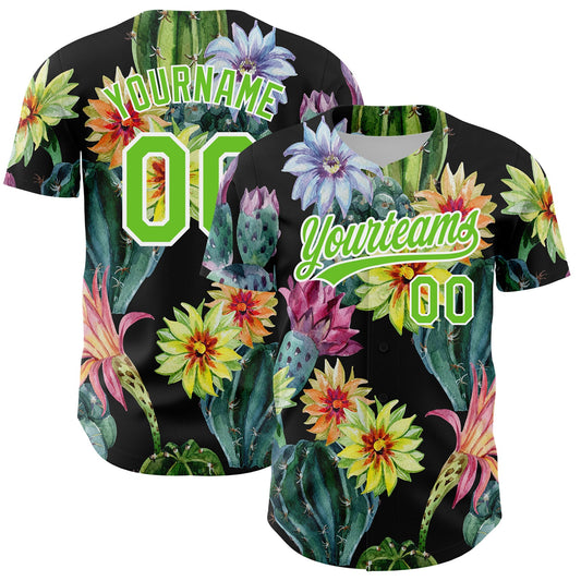 Custom Black Aurora Green-White 3D Pattern Design Cactus Festival Authentic Baseball Jersey - Main View