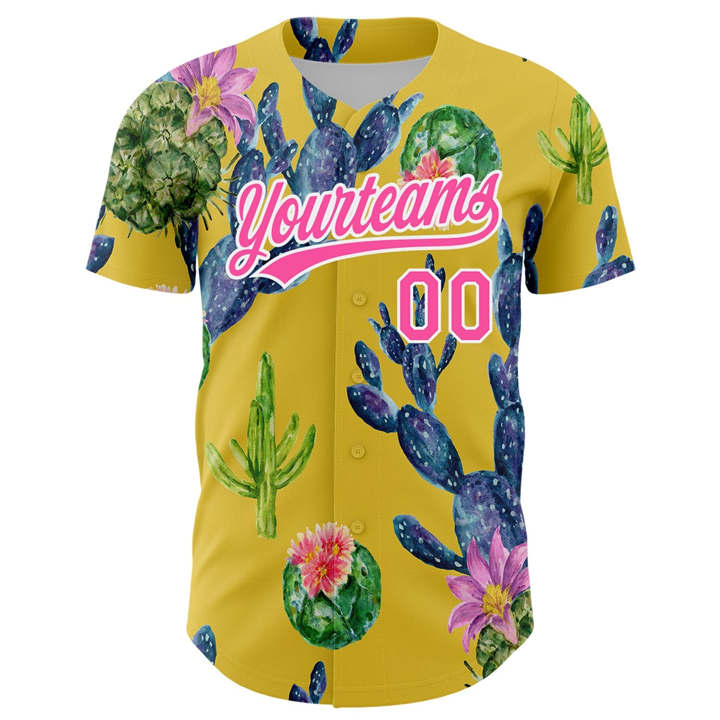 Custom Yellow Pink-White 3D Pattern Design Cactus Festival Authentic Baseball Jersey view 2