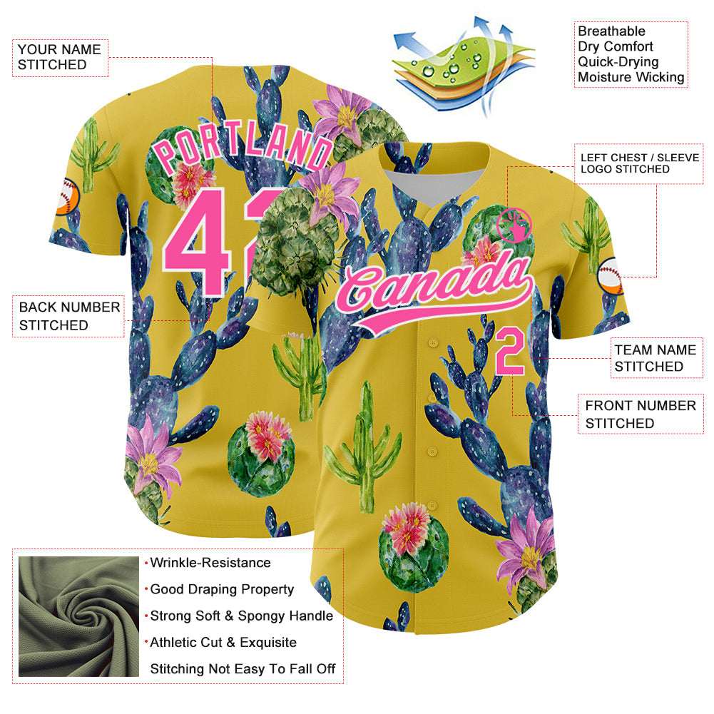 Custom Yellow Pink-White 3D Pattern Design Cactus Festival Authentic Baseball Jersey view 3