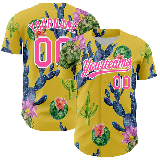 Custom Yellow Pink-White 3D Pattern Design Cactus Festival Authentic Baseball Jersey - Main View