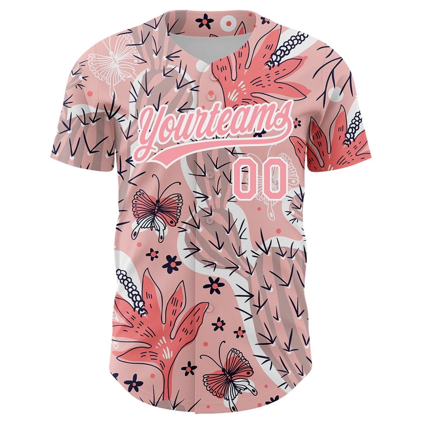 Custom Medium Pink White 3D Pattern Design Cactus Festival Authentic Baseball Jersey view 2