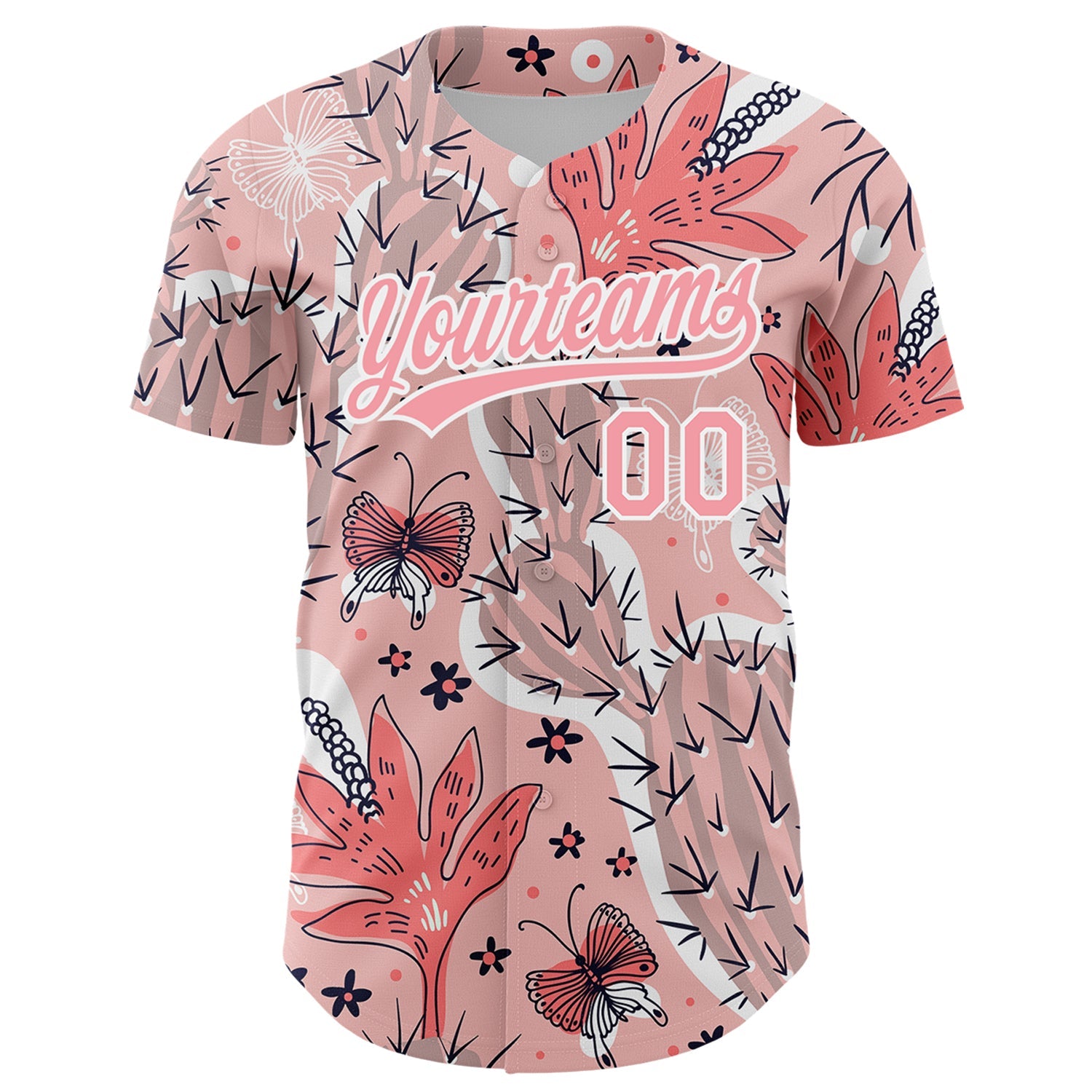 Custom Medium Pink White 3D Pattern Design Cactus Festival Authentic Baseball Jersey view 2