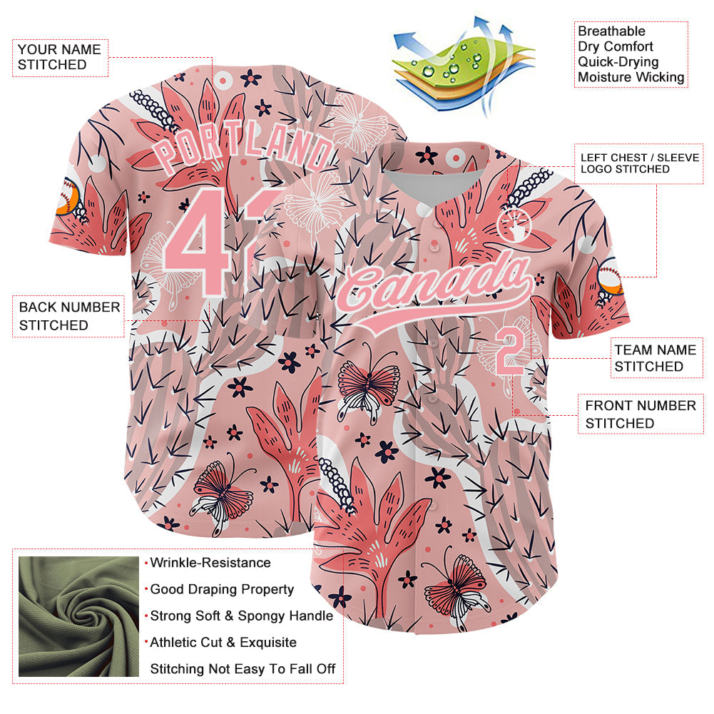 Custom Medium Pink White 3D Pattern Design Cactus Festival Authentic Baseball Jersey view 3