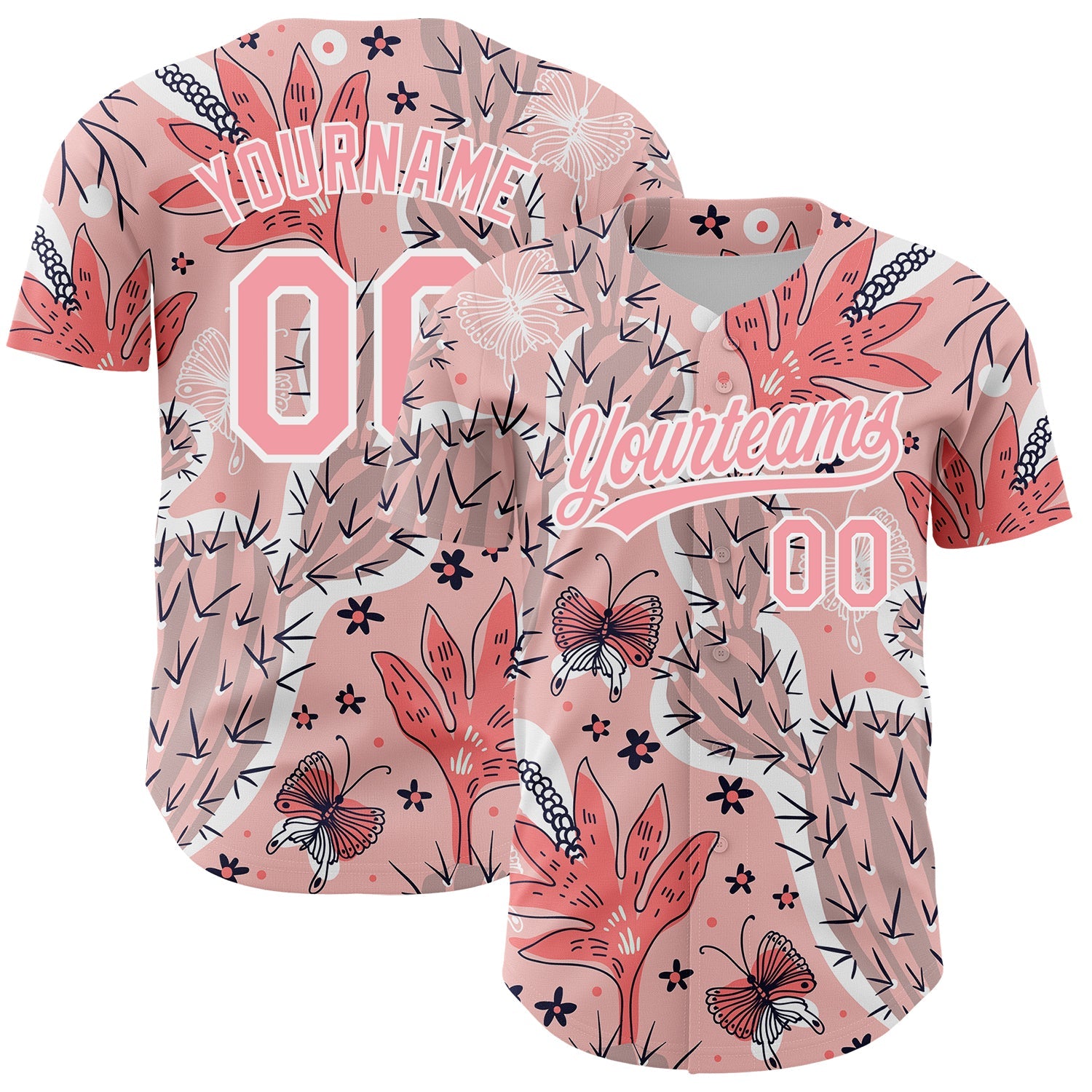 Custom Medium Pink White 3D Pattern Design Cactus Festival Authentic Baseball Jersey - Main View