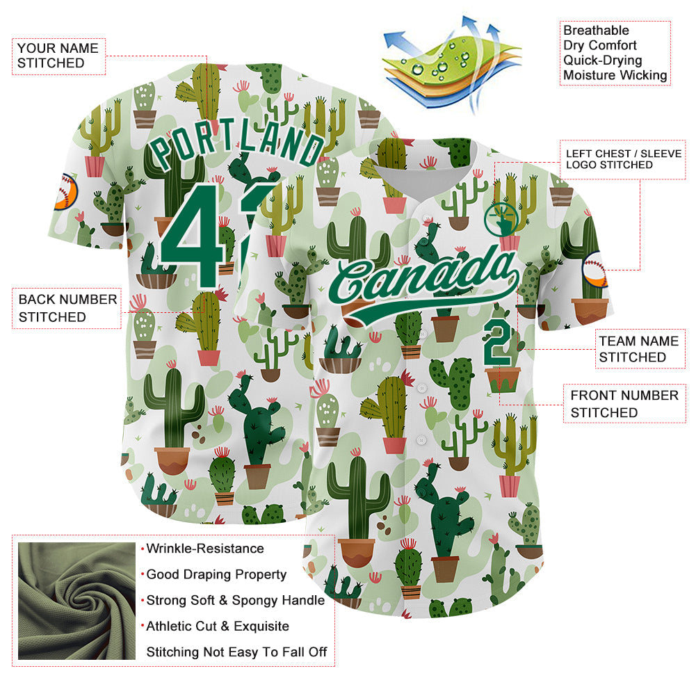 Custom White Kelly Green 3D Pattern Design Cactus Festival Authentic Baseball Jersey view 3