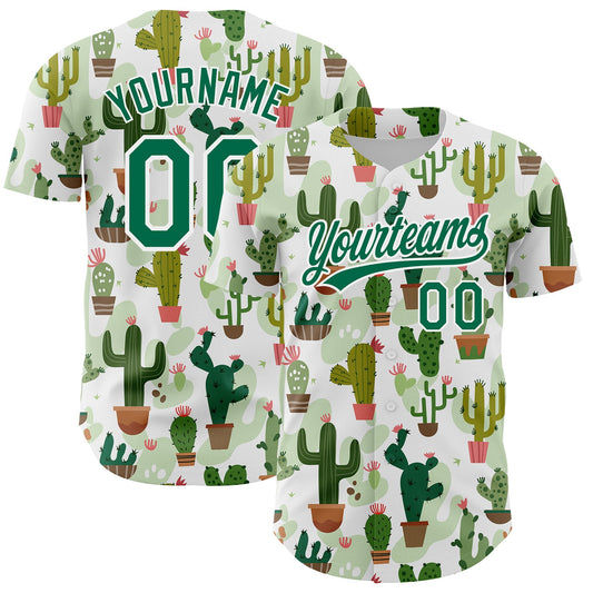 Custom White Kelly Green 3D Pattern Design Cactus Festival Authentic Baseball Jersey - Main View